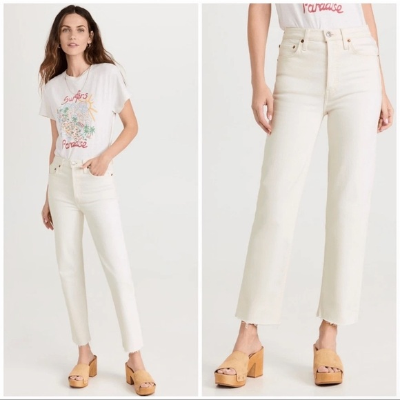 Sz 31 RE/DONE 70s Ultra High Rise Stove Pipe Raw Hem Jeans In Vintage White NWT - Picture 5 of 7